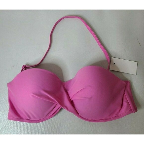 𝅺F&F Womens Pink Removable Strap Twist Swimwear Bandeau Bikini Top Bra Sz 36A - Picture 1 of 7